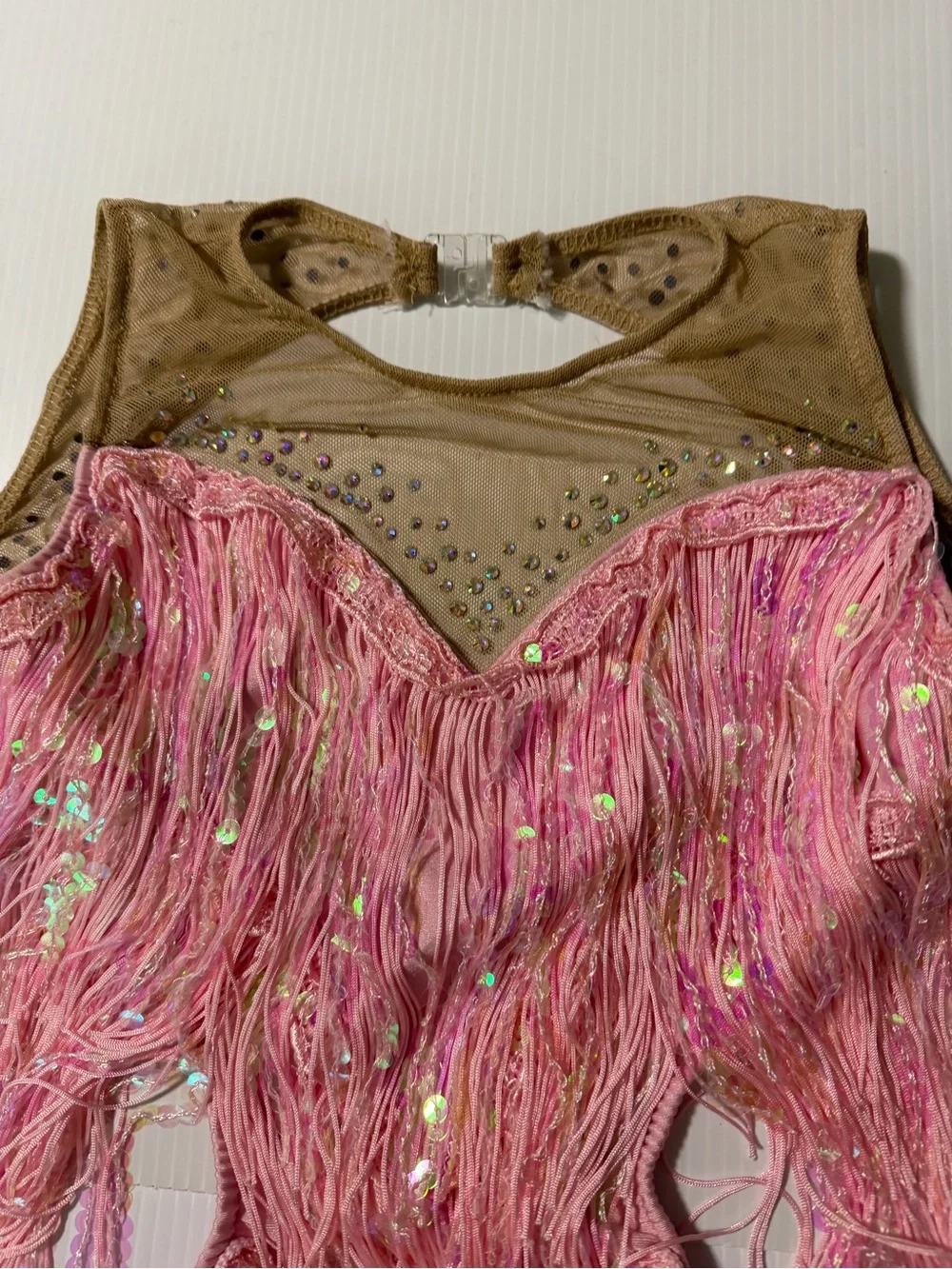 Glamour competition, solo dance costume pink fringe ballroom flapper jazz XSA